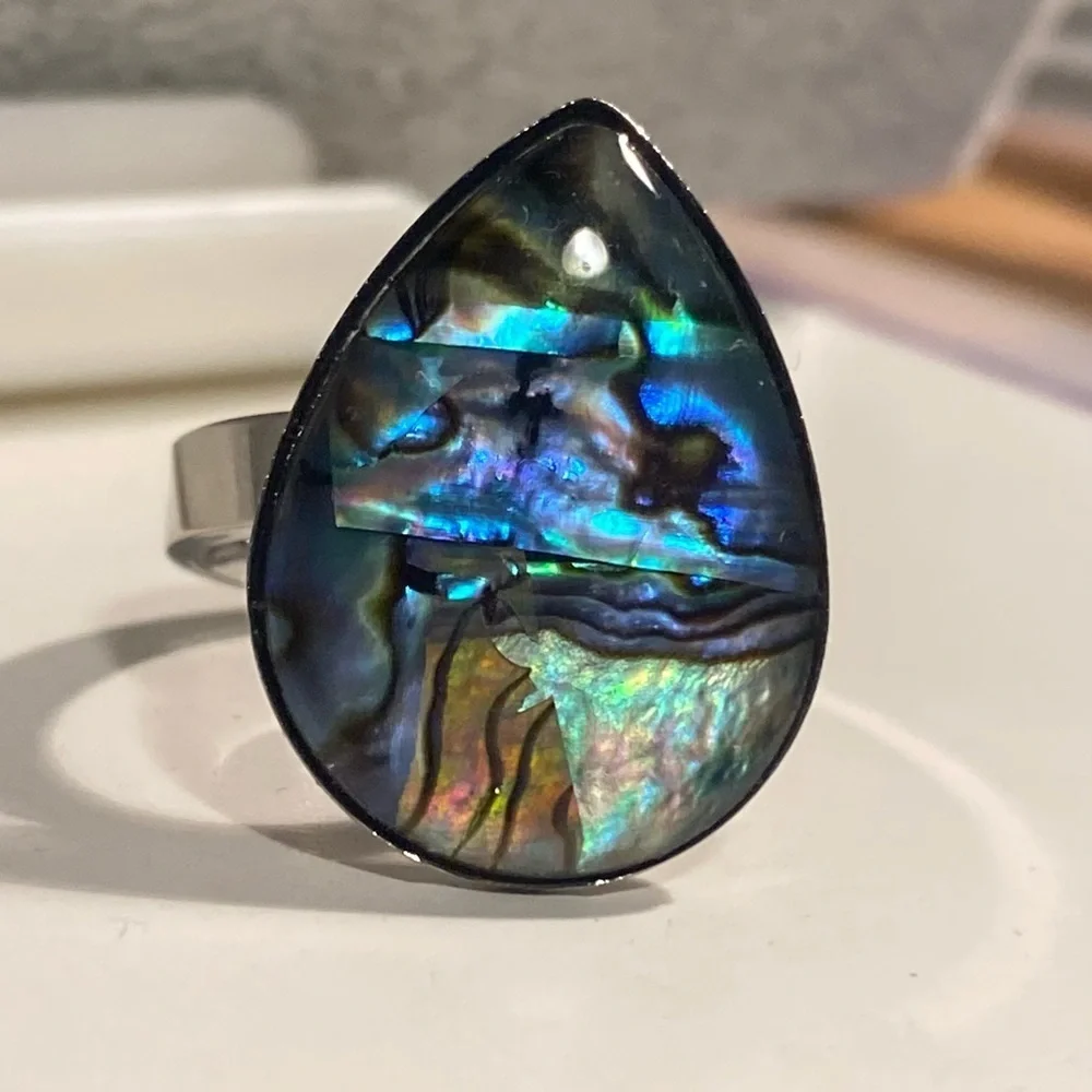 NEW Oversized Abalone Statement Ring Silver Boho Iridescent Beach Jewelry waterp